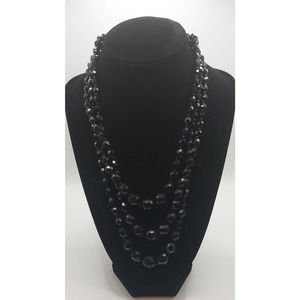 VTG Necklace Triple Strand Black Bead Button Clasp 18"